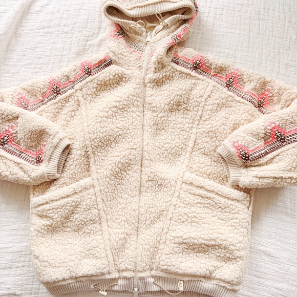 Free People Lodge Livin Sherpa Plush Fleece Soft Oversized Embroidered Jacket ML - Picture 6 of 11